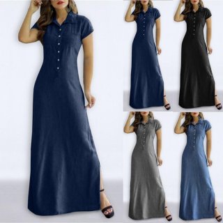 Women Casual Denim Look Maxi Dress Short Sleeve Turn-down Collar Button Down Shirt Dress Side Slit Slim Fit Long Summer Dress With Pockets Plus Size