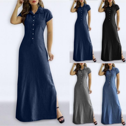 Women Casual Denim Look Maxi Dress Short Sleeve Turn-down Collar Button Down Shirt Dress Side Slit Slim Fit Long Summer Dress With Pockets Plus Size