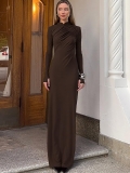 Women's Elegant Solid Dark Brown Long Sleeve Maxi Bodycon Dress With Front Ruching And Back Slit Autumn Fashion Slim Fit Knitted Dress