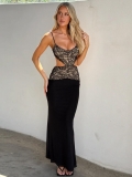 Women Sexy Lace Patchwork Hollow Out Maxi Dress Spaghetti Strap V Neck Bodycon Party Evening Gown Skinny Clubwear Long Dress