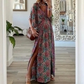 Bohemian V Neck Printed Maxi Dress For Women Summer Short Sleeve High Slit Flowy Beach Vacation Long Dress Loose Party Gown