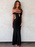 Women Sexy Off Shoulder Cut Out Backless Maxi Dress Slim Fit Solid Color Polyester Spandex Elegant Fishtail Evening Party Gown