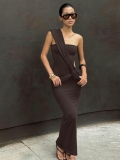 Women's Sexy One Shoulder Cut Out Maxi Dress Elegant Solid Coffee Brown Sleeveless Bodycon Long Dress With Side Ruching For Party Club Night Out