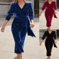 Women Elegant Velvet V Neck Bodycon Dress Long Sleeve Ruched Wrap Slim Fit Maxi Dress For Evening Party Autumn Winter