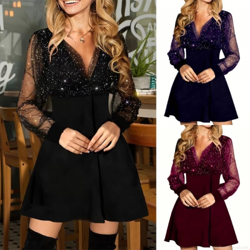 Elegant Women's V-Neck Long Sleeve Sequin Mesh Patchwork Mini Dress Sexy Party Evening A-Line Gown Navy Blue Burgundy Purple Black