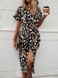 Women's Summer Leopard Print Short Sleeve Midi Dress Sexy V Neck Button Up Shirt Dress With Waist Belt High Slit A-Line Printed Casual Dresses