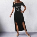 Women's Off Shoulder Maxi Dress Slit Hem Milk Silk Blessed Letter Heart Print Casual Summer Beach Party Long Dresses for Women