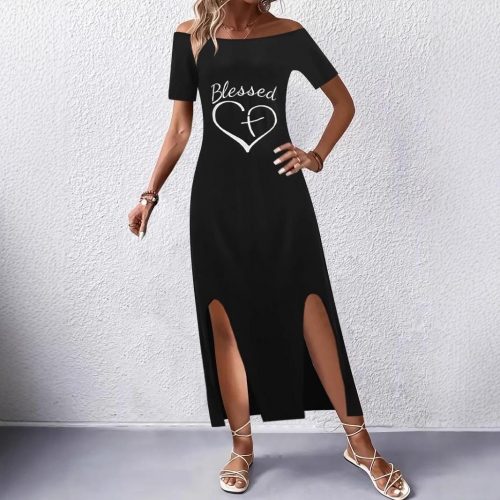 Women's Off Shoulder Maxi Dress Slit Hem Milk Silk Blessed Letter Heart Print Casual Summer Beach Party Long Dresses for Women