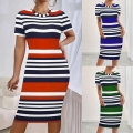 Women's Sexy Stripe Print Bodycon Midi Dress Short Sleeve Round Neck Slim Fit Casual Summer Sheath Dress Polyester Spandex Blend Club Party Outfits