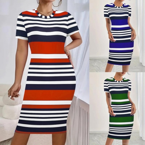 Women's Sexy Stripe Print Bodycon Midi Dress Short Sleeve Round Neck Slim Fit Casual Summer Sheath Dress Polyester Spandex Blend Club Party Outfits