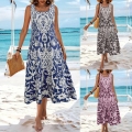 Women's Bohemian Printed Sleeveless Maxi Dress Elegant Round Neck A-Line Long Resort Summer Holiday Dress Made of Polyester Spandex