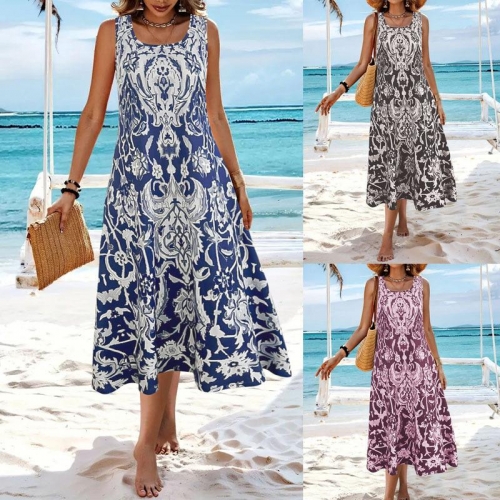Women's Bohemian Printed Sleeveless Maxi Dress Elegant Round Neck A-Line Long Resort Summer Holiday Dress Made of Polyester Spandex