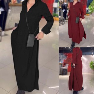 Women Elegant Plus Size Polyester Solid Color Maxi Dress Autumn Winter Long Sleeve Deep V Neck POLO Collar Pullover Side Slit Long Dress For Casual Commute Party