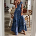Women's Bohemian V-Neck Floral Print Maxi Dress Plus Size Vintage Paisley High Waist Tiered Large Hem Short Sleeve Summer Casual Long Dress