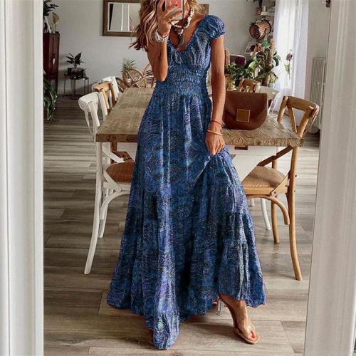 Women's Bohemian V-Neck Floral Print Maxi Dress Plus Size Vintage Paisley High Waist Tiered Large Hem Short Sleeve Summer Casual Long Dress