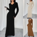 Women's Plus Size Ribbed Knit Maxi Dress Elegant V-Neck Long Sleeve Slim Fit Henley Bodycon Sweater Dress For Autumn Winter Casual Daily Office Wear