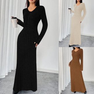 Women's Plus Size Ribbed Knit Maxi Dress Elegant V-Neck Long Sleeve Slim Fit Henley Bodycon Sweater Dress For Autumn Winter Casual Daily Office Wear