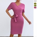 Women Sexy V Neck Bodycon Midi Dress Short Sleeve Ribbed Knit Wrap Dress With Waist Tie Summer Vacation Party Slim Fit Pencil Dress