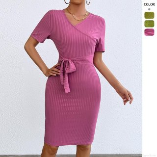 Women Sexy V Neck Bodycon Midi Dress Short Sleeve Ribbed Knit Wrap Dress With Waist Tie Summer Vacation Party Slim Fit Pencil Dress