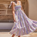 Women's Rainbow Striped Smocked Maxi Dress Multicolor Polyester Tie Strap Tiered Cake Sundress For Vacation Beach Casual Summer