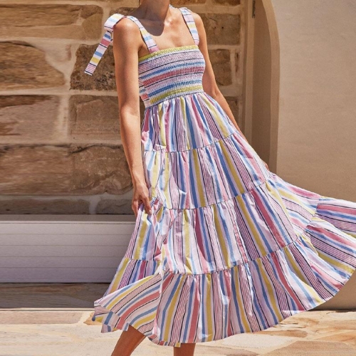 Women's Rainbow Striped Smocked Maxi Dress Multicolor Polyester Tie Strap Tiered Cake Sundress For Vacation Beach Casual Summer