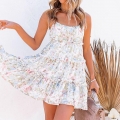 Women's Floral Print Ruffle Tiered Mini Dress Sexy Spaghetti Strap Backless Sleeveless Chiffon Sundress For Summer Beach Holiday Party