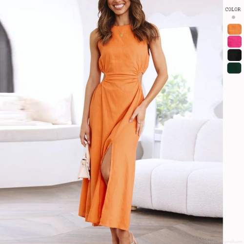 Women Sexy Round Neck Sleeveless Maxi Dress 100% Polyester Side Slit Waist Cutout Elegant Slim Fit Vacation Party Summer Long Dress For Women