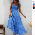 Women's Sexy Bohemian Floral Print Maxi Dress Sleeveless Tie Straps Smocked Tiered Long Sundress For Summer Vacation Beach Party
