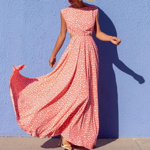 Women's Bohemian Polka Dot Maxi Dress Sleeveless Round Neck Cut-Out Waist A-Line Long Dress For Summer Beach Vacation Party Elegant Polyester Dress