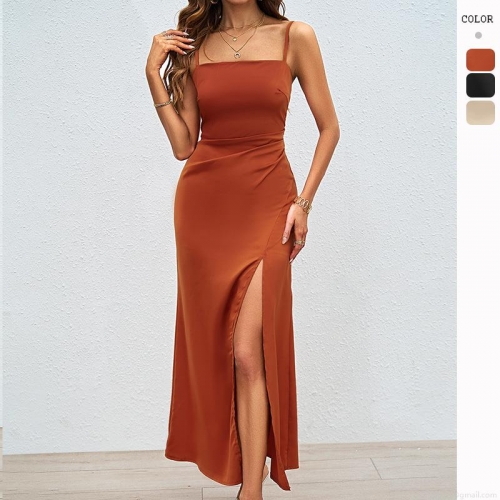 Women Sexy Backless Satin Slip Dress Square Neck High Slit Ruched Maxi Dress For Party Wedding Summer Sleeveless Bodycon Evening Gown