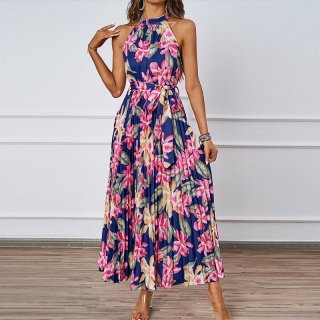 Women Summer Halter Neck Maxi Dress Elegant Floral Print Pleated Chiffon Big Swing Sleeveless Long Dress With Belt For Vacation Party Outfits