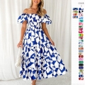 Women Off-The-Shoulder Floral Print Maxi Dress Puff Sleeve Elastic Smocked Waist Bohemian Tiered Vacation Summer Beach Dress