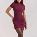 Women Sexy Bodycon Mini Dress Short Sleeve Mock Neck Slim Fit Solid Color Summer Party Dress With Decorative Pocket Flaps Elegant Burgundy Dress
