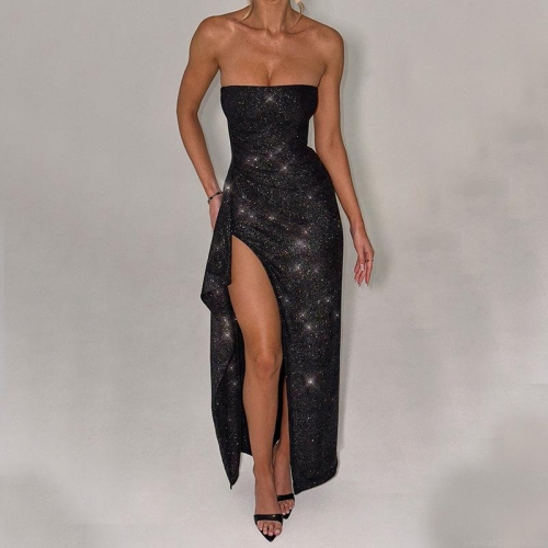 Sexy Sequin Maxi Dress Strapless High Slit Slim Fit Polyester Sparkly Evening Gown For Women Party Banquet Socialite Style Bodycon Dress