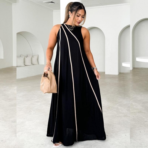 Women's Sleeveless Patchwork Diagonal Stripe Maxi Dress Summer Casual Loose Round Neck Polyester Long Dress For Vacation Party Chic Elegant Lady