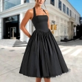 Women's Sexy Halter Neck Backless Midi Dress Elegant Tie Back Pleated A-Line Flare Dress Hepburn Style Solid Black Sleeveless Party Dress Outfit for Ladies