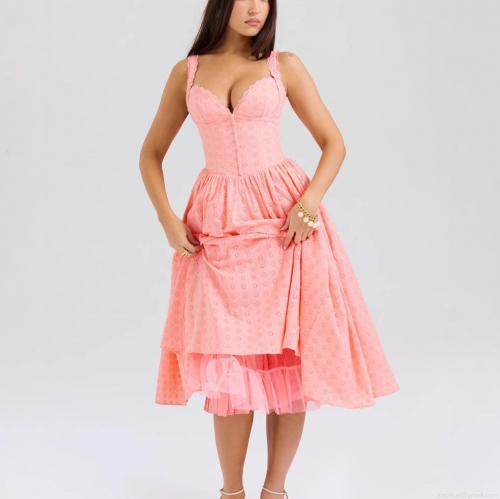 Women's Sexy Slim Fit Eyelet Embroidered Midi Dress With Mesh Lining Corset Style Sleeveless V Neck Button Decor Pink Polyester Party Dress