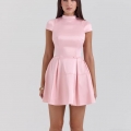 Women Sexy Pink Satin Backless Mini Dress High Neck Sleeveless Pleated A-Line Party Dress For Summer Night Club Evening Date