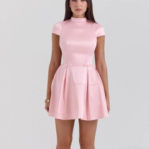 Women Sexy Pink Satin Backless Mini Dress High Neck Sleeveless Pleated A-Line Party Dress For Summer Night Club Evening Date