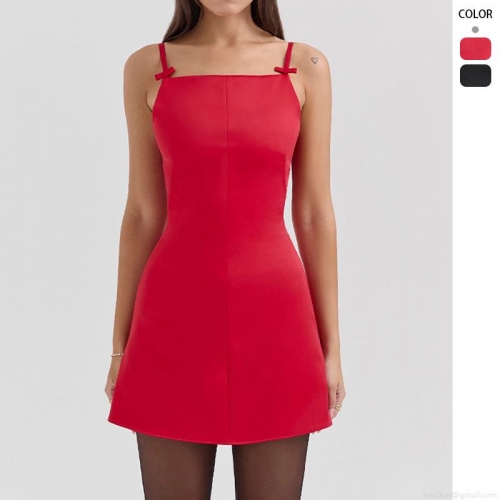 Women's Sexy Cami Mini Dress Elegant Satin Polyester Dress With Bow Strap Slim Fit A-Line Short Party Dress For Lady