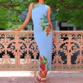 Women's Summer Sexy Floral Print Sleeveless Slim Fit Maxi Dress Round Neck High Waist Long Bodycon Dresses For Holiday Vacation Streetwear