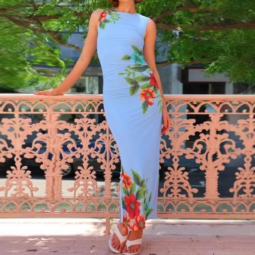 Women's Summer Sexy Floral Print Sleeveless Slim Fit Maxi Dress Round Neck High Waist Long Bodycon Dresses For Holiday Vacation Streetwear