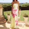 Sexy Strapless Maxi Dress Elegant Satin Silk Like Floral Print Backless Bodycon Party Vacation Dress For Women Spring Summer Floor Length Evening Gown