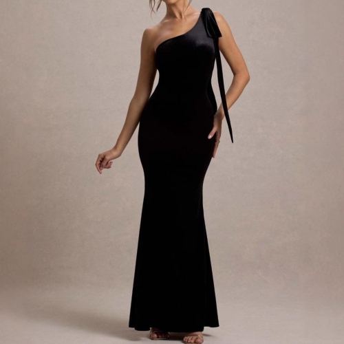Elegant Black Velvet One Shoulder Mermaid Evening Dress Women Sexy Slim Fit Floor Length Maxi Party Gown With Bow Decoration