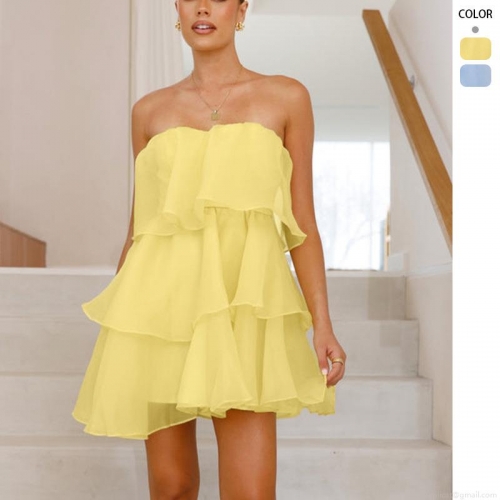 Women Sexy Strapless Tiered Mini Dress 95% Polyester Backless Layered Cake Ruffle Short Sundress For Summer Party Vacation Clubwear