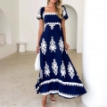 Women Summer Bohemian Maxi Dress Square Neck Puff Short Sleeve Ethnic Geometric Print High Waist A-Line Long Dress For Vacation Beach Party