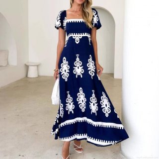 Women Summer Bohemian Maxi Dress Square Neck Puff Short Sleeve Ethnic Geometric Print High Waist A-Line Long Dress For Vacation Beach Party