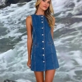 Women's Vintage Sleeveless Denim Polyester Dress Slim Fit High Waist Single Breasted Mini Dress Casual Retro Blue Jean Dress For Summer Sexy Wear
