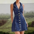 Women Vintage Denim Mini Dress Sleeveless Lapel Single Breasted Gold Button Down Slim Fit A-Line Jean Dresses For Summer Streetwear Sexy Party Outfits