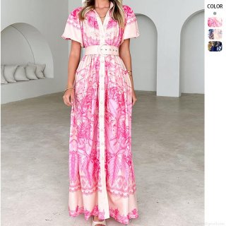 Floral Printed Maxi Dress For Women Vintage Baroque Style Puff Sleeve Shirt Dress With Belt Elegant Summer Vacation Party Evening Dress